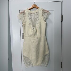 Cream Lace-Detail Midi Dress with Cap Sleeves